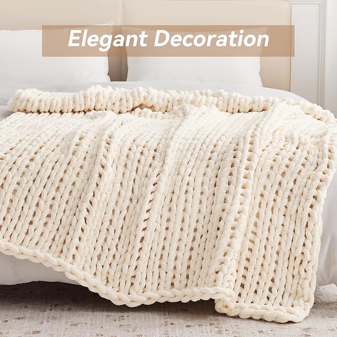 Chunky Knit Throw Blanket, 80''*90'' Knitted Throw Chenille Yarn for Bed Couch, Handmade Cream Crochet Big Thick Blanket, Machine Washable Cute Comfy Blanket for Home Decor-Ruum Studio Home