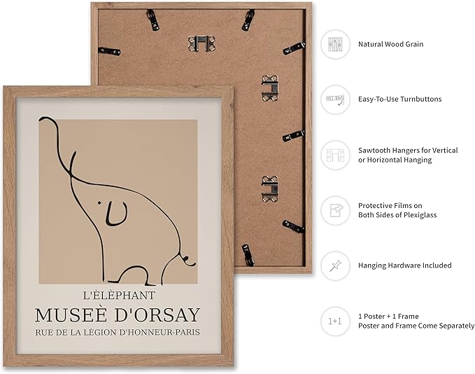 Poster Master Vintage Poster - Retro Minimalist Print - Gift for Artist, Housewarming - Elephant, Line Drawing, Sketch, Abstract - Wall Decor for Living Room, Bedroom, 11x14 Beige Framed-Ruum Studio Home