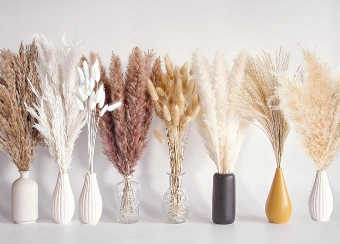 130 PCS Dried Pampas Grass Bouquet, Boho Table Decor, Bunny Tails Dried Flowers, Brown Pampas, Fluffy Pompas, White Pampas Grass for Weddings, Home Decor, Rustic Parties, and Baby Shower Decorations-Ruum Studio Home