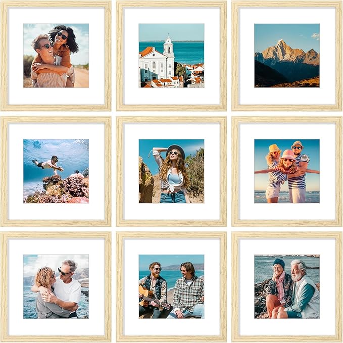 Vittanly 12x12 Picture Frames Set of 9, Shatter Resistant Plexiglass, Display 8x8 Pictures with Mat or 12x12 without Mat, Photo Frames for Wall Mount, Engineered Wood, OAK-Ruum Studio Home