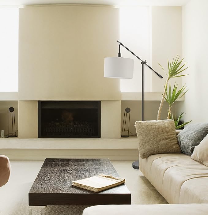 GLOBE Electric 67525 Avellino 66" Floor Lamp, Matte Black, White Linen Shade, Stepless Rotary Dimmer Switch on Socket-Ruum Studio Home