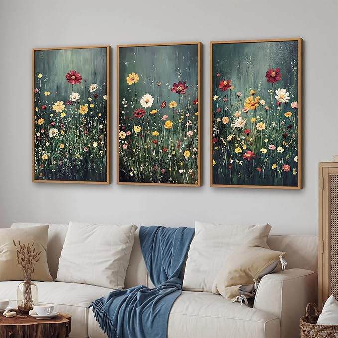 SIGNINART Vintage Floral Framed Canvas Wall Art, Dark Moody Wildflowers Wall Decor, Boho Abstract Flowers Artwork, Colorful Botanical Aestheticrt Art Paintings for Bedroom Living Room Office 16"x24"x3-Ruum Studio Home