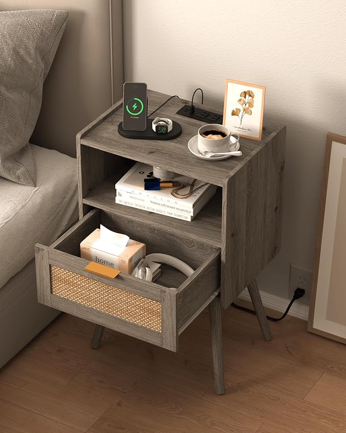 Rattan Nightstand with Outlet,Modern Bedside Table with Storage Drawer and Open Wood Shelf, for Living Room, Bedroom and Small Spaces, Accent Night Stand with Solid Wood Legs,Grey Oak-Ruum Studio Home