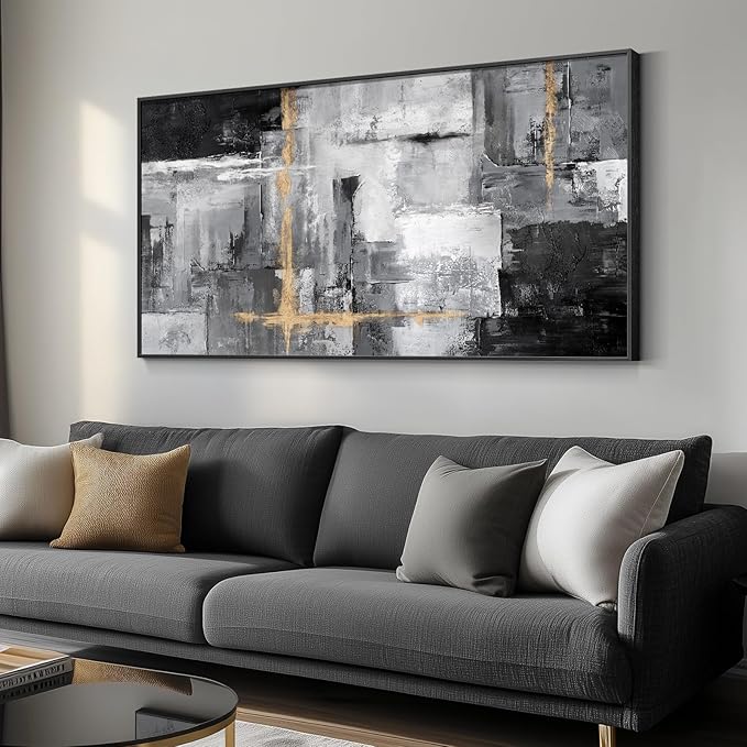 Framed Extra Large Abstract Wall Art for Living Room, Modern Horizontal Gray Canvas Prints Paintings Artwork for Walls, Black Grey Pictures for Hallway DiningRoom Bedroom Office Wall Decor Big Size 30x60 In-Ruum Studio Home
