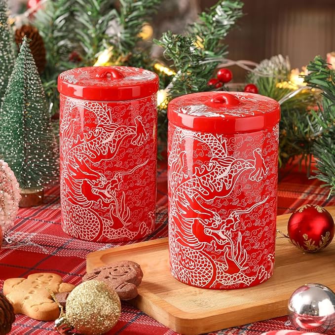 Porlien Chinese Dragon Porcelain 15-ounce Canisters Set of 2, Food Storage Containers with Lid for Coffee Beans, Tea, Condiments & Nuts-Ruum Studio Home