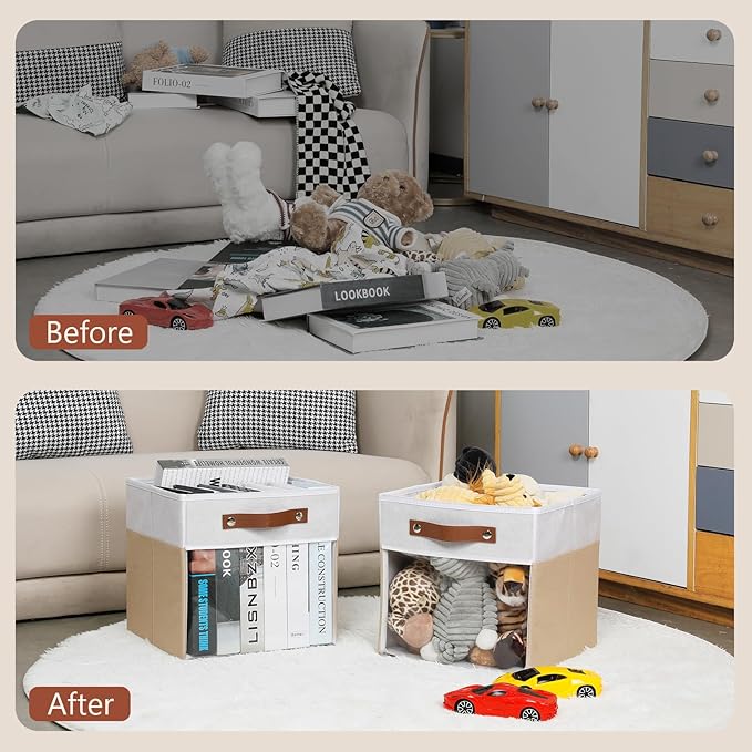 HNZIGE 11 Inch Foldable Fabric Storage Cubes - Clear Bins for Shelves, Canvas Cube Organizer Bins (White Beige 6 PCS)-Ruum Studio Home