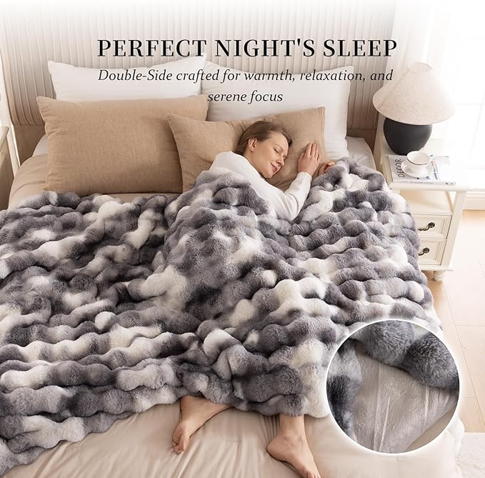 Cozy Faux Fur Throw Blanket for Couch-Warm Fuzzy Throw Blanket, Soft Plush Thick Bubble Blankets for Bedroom and Living Room, Furry Luxury Blanket, 50 x 60,Tie-Dye Grey-Ruum Studio Home