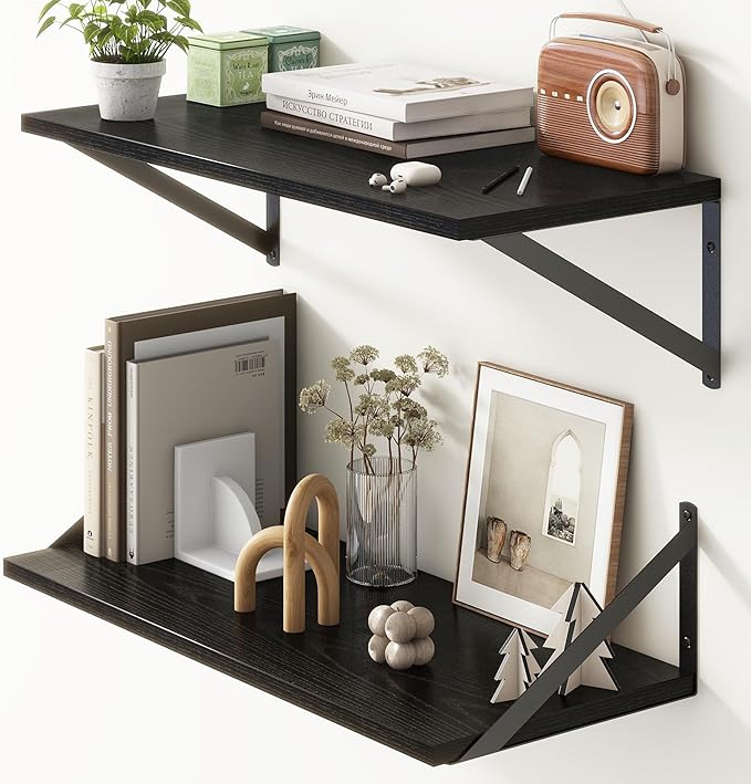 Deep Black Floating Shelves for Wall, 24"W x 10"D Wall Shelves Set of 2, 10 Inch Deep Floating Shelf with Brackets, Wide Display & Storage Shelves for Books, Living Room, Kitchen, Bathroom-Ruum Studio Home