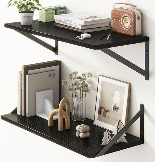 Deep Black Floating Shelves for Wall, 24"W x 10"D Wall Shelves Set of 2, 10 Inch Deep Floating Shelf with Brackets, Wide Display & Storage Shelves for Books, Living Room, Kitchen, Bathroom-Ruum Studio Home