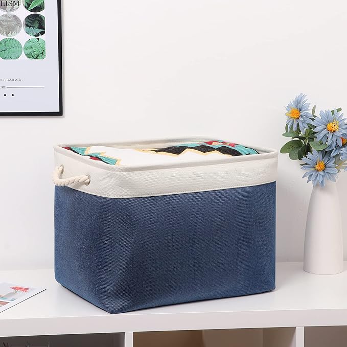 Bidtakay Fabric Storage Baskets with Handles for Organizing 16" x 11.8" x 11.8" Navy Blue Baskets [2-Pack] Shelf Baskets Large Canvas Collapsible Bins for Closet (White&Blue)-Ruum Studio Home