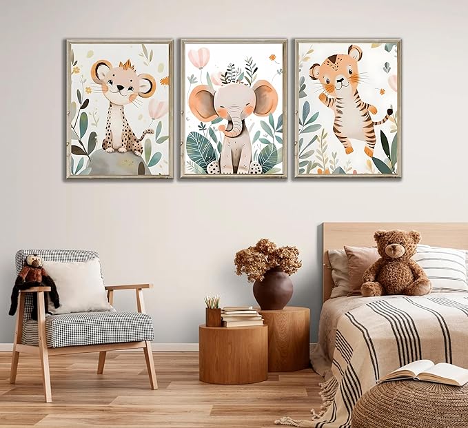 3 Pcs Safari Animals Nursery Canvas Wall Art Jungle Animals Cheetah Elephant Tiger Kids Room Illustration Pictures Wall Decor Posters Print Artwork for Classroom Boy's Girl's Room Bedroom-Ruum Studio Home