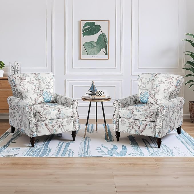 Wingback Accent Chair with Removable Pillow, High Back Floral Armchair with Solid Wood Legs & Nailhead Trim, Comfy Upholstered Reading Single Sofa Chair for Bedroom (2, Bird Floral Pattern)-Ruum Studio Home