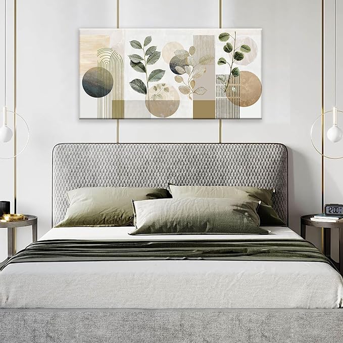 TAIJXAGSG Green Boho Wall Art Minimalist Canvas Wall Art Decor Geometric Line Leaf Beige Green Wall Art Canvas Artwork Print Paintings Abstract Art Botanical Boho Room Office Home Wall Decor 20"X 40"-Ruum Studio Home