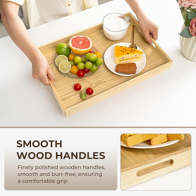 Axeman Wooden Serving Tray with Wood Handles|Ottoman Tray for Breakfast, Bed, Couch|17x12in Ash Wood Coffee Table Trays|Food Drinks Decorative Storage Boards for Ottoman Kitchen, Natural-Ruum Studio Home