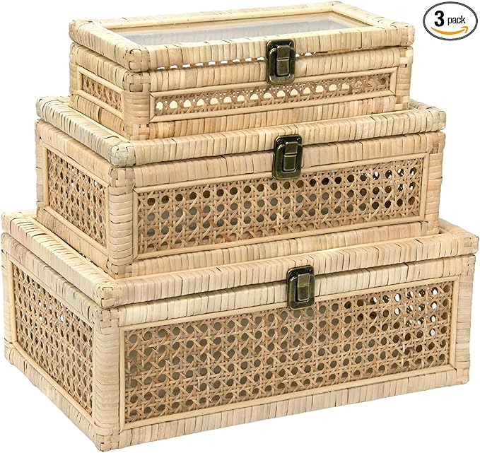 Rattan Decorative Boxes with Glass Lids, Set of 3 Sizes Boho Natural Hand-woven Cane Home Decor Organizers Storage Bins, Display Boxes Natural Finish-Ruum Studio Home