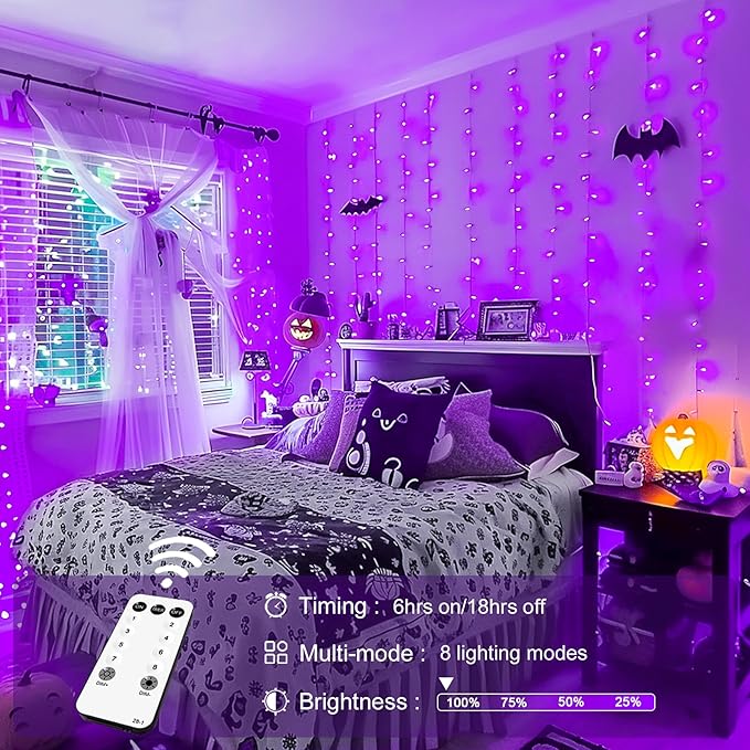 JMEXSUSS 300LED Purple Halloween Lights with Remote, Curtain Hanging Light Plug in, 8 Modes Purple String Lights for Bedroom Window Wall Party Backdrop Christmas Halloween Decorations-Ruum Studio Home