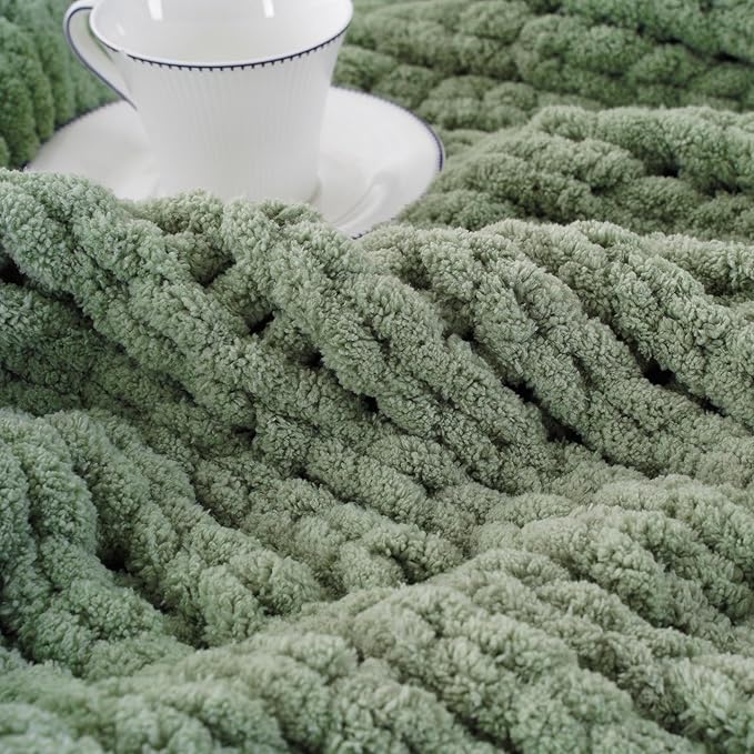 Battilo Chunky Knit Throw Blanket, Soft and Thick Chenille Throw Blanket, 50"x60" Handmade Cable Knit Crochet Blanket, Large Rope Knot Throw Blankets for Couch Sofa Bed Home Decor, Light Green-Ruum Studio Home
