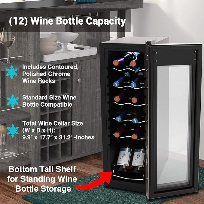 NutriChef PKCWC12 12 Bottle Cooler Refrigerator White and Red Countertop Chiller, Freestanding Compact Mini Wine Fridge with Digital Control, Stainless Steel-Ruum Studio Home