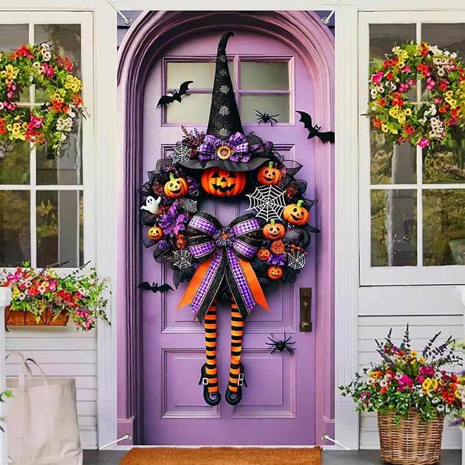 Halloween Witch Wreath Door Cover 71x35 Inch Holiday Front Porch Door Banners Decoration Purple Pumpkin Spider Web Bat Background Hanging Banner for Indoor Outdoor Spooky Party Decor-Ruum Studio Home