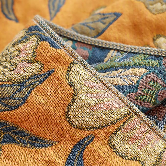 Boho Muslin Blanket for Adults 4-Layer Gauze Twin Size Soft Cozy 100% Cotton Summer Cooling Blanket Floral Decor for Sofa Bed Coverlet Both Sides (Flowr Branch Orange, Twin 60 x 80 in)-Ruum Studio Home