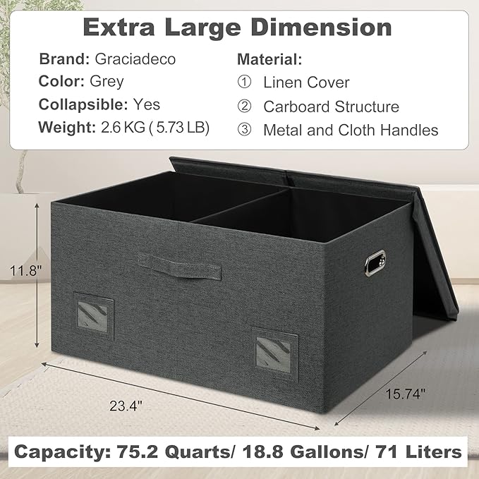 75 Quarts Extra Large Decorative Storage Bins with Lids, 3 Packs Dark Gray Collapsible Storage Bins with Lids, Stackable Storage Bins Decorative Box Storage With Lid Extra Large-Ruum Studio Home