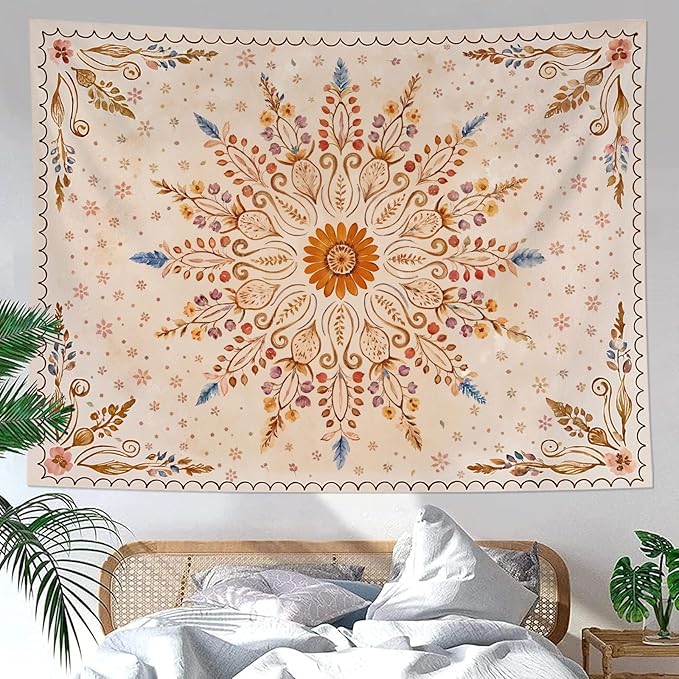 Fowocu Boho Floral Mandala Tapestry for Bedroom Aesthetic Watercolor Bohemian Flower Wall Tapestry Brown Beige Hippie Indian Tapestries Wall Hanging for Living Room Dorm Decor 60 x 44 Inch-Ruum Studio Home
