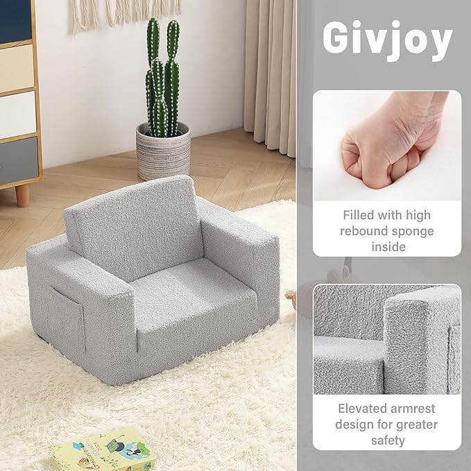 Toddler Chair Sherpa Kids Couch, 2-in-1 Toddler Soft Kids Sofa Toddler Lounger Chair for Bedroom, Convertible Toddler Couch for Girls and Boys, Reading Chair for Kids, Grey-Ruum Studio Home