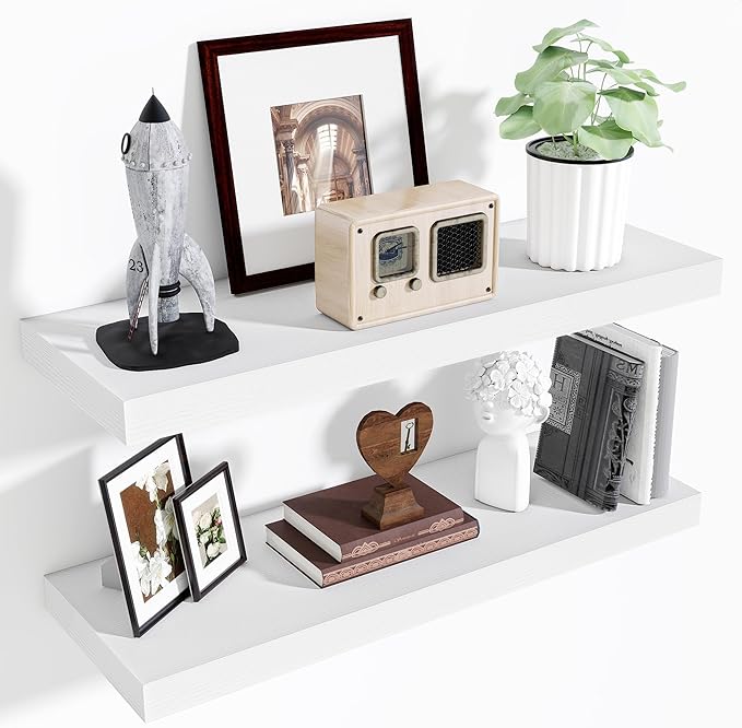 Fun Memories Floating Shelves for Wall, 32 Inch Long Floating Shelves Set of 2, 32 x 10 Wooden Shelves for Wall, Large Storage Shelves, Hanging Shelves for Bathroom Kitchen Bedroom, White-Ruum Studio Home