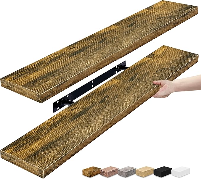 Sorbus Floating Shelves for Wall - 35 Inch Long Bathroom Shelves, Wall Decor for Bedroom, Kitchen, Living Room & Book Storage - Mounted Floating Shelf with Invisible Brackets (Rustic Brown, 2 Pack)-Ruum Studio Home