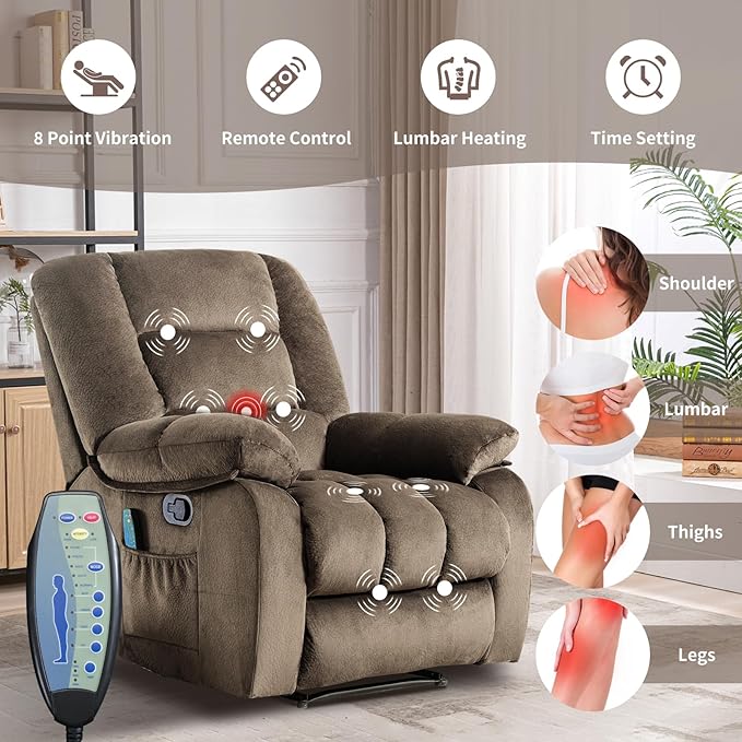 Massage Recliner Chair with Heat and Massage, Soft Fabric Ergonomic Manual Reclining Chairs, Heavy Duty Reclining Sofa Chair with Side Pockets for Living Room (Taupe)-Ruum Studio Home