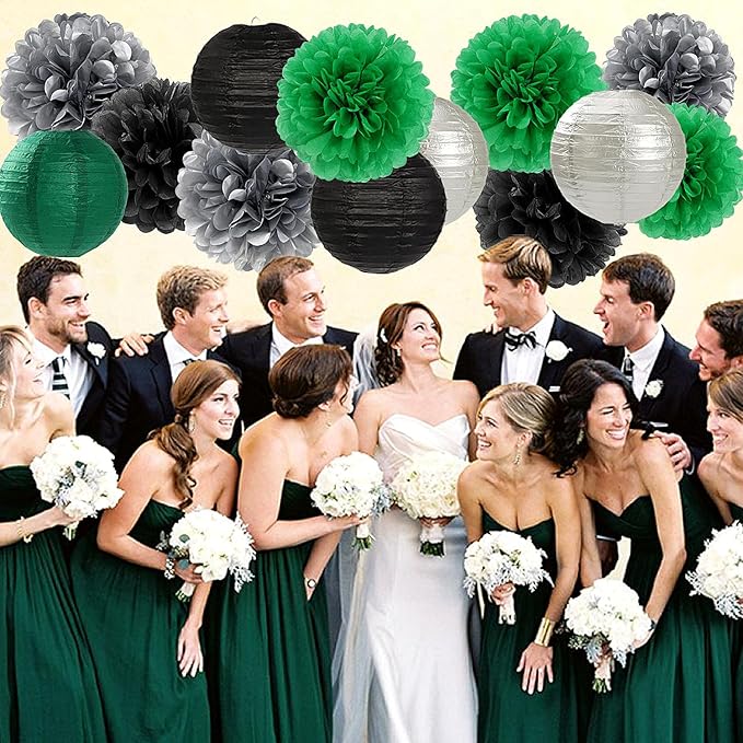Green-Black Silver Party-Decorations Paper Flowers Lanterns - 15PCS Football Game Day Birthday Tissue Pom Poms Streamers, Bachelorette New Years Hanging Supplies Decor Hugfond-Ruum Studio Home