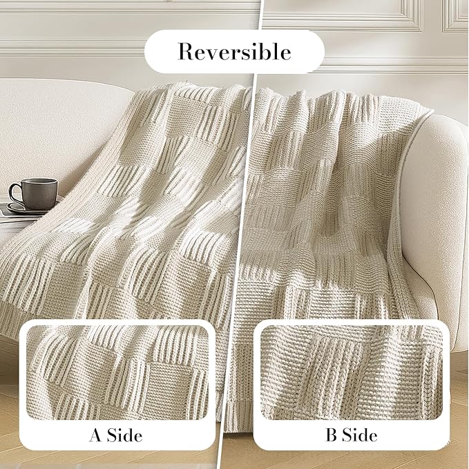 Amélie Home Chenille Knit Throw Blanket for Couch, Checkered Texture Decorative Soft Blanket for Sofa, Bed & Living Room, 50"x60", Khaki & White-Ruum Studio Home