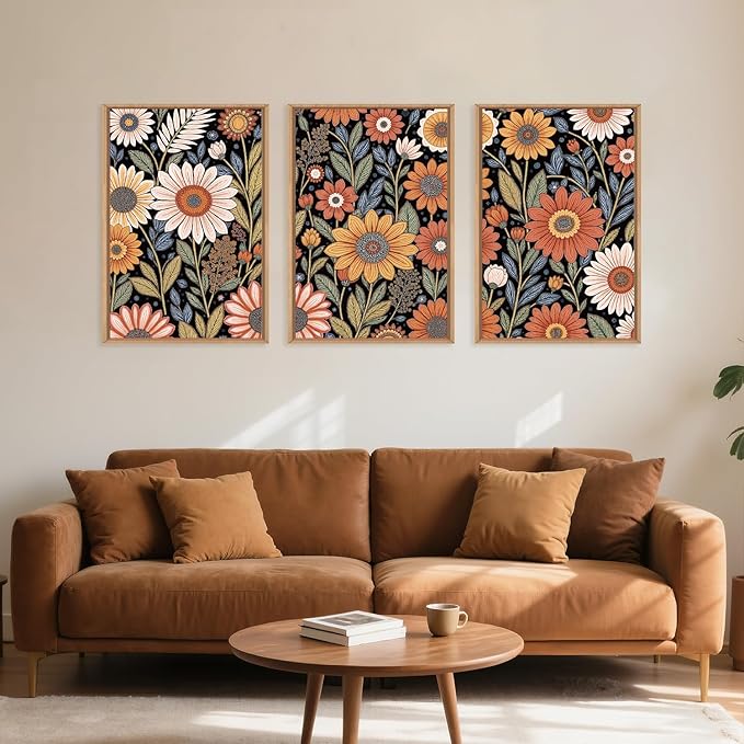 LHIUEM Large Abstract Boho Flower Framed Canvas Wall Art Set,Vintage Colorful Floral Wall Decor,Retro Wildfower Plant Painting,Botanical Artwork for Living Room,Bedroom,Dining Room,Office -16"x24"x3-Ruum Studio Home