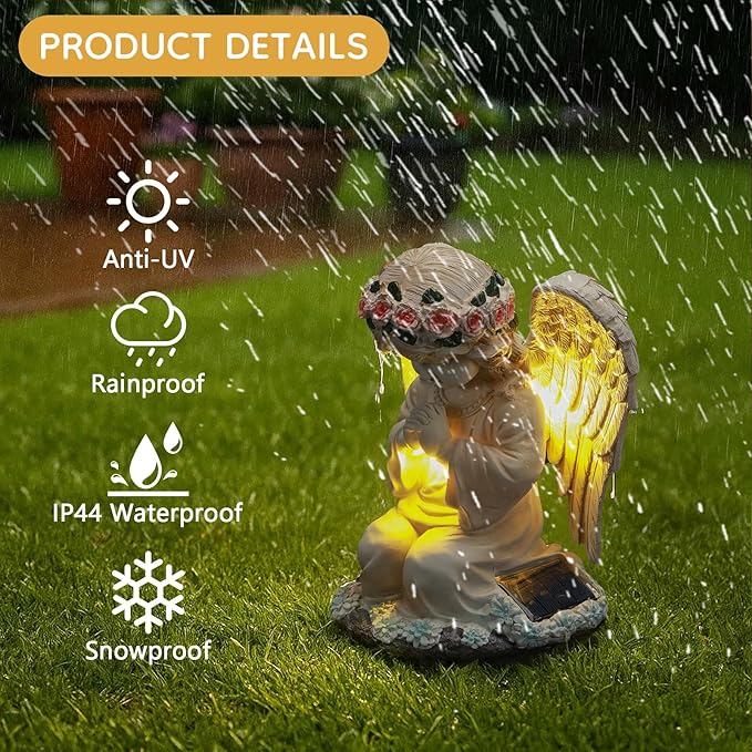 Solar Angel Prayer Statue, Memory Guardian Garden Decor with Warm Light - Religious Outdoor Decor, Auto On/Off LED Light, Memorial Gift for Cemetery, Patio & Gravesite-Ruum Studio Home