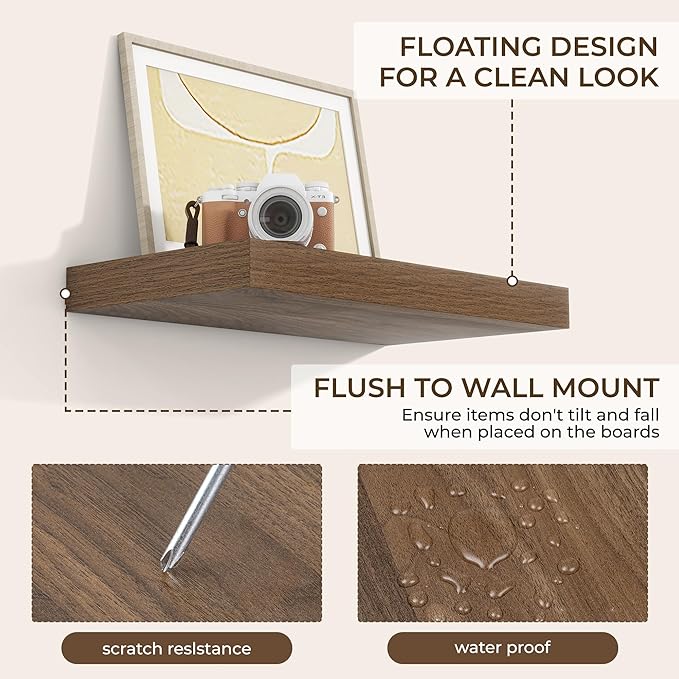 RICHFOCUS 16Inch Floating Shelves for Wall 2 Pack Shelves for Bedroom|Kitchen|Bathroom Wall Mounted Rustic Wood Floating Shelf with Invisible Brackets for Books|Storage|Decor, Walnut-Ruum Studio Home