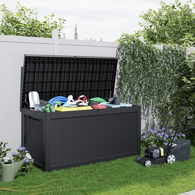 260 Gallon Resin Deck Box, Lockable Patio Outdoor Storage Box for Furniture, Garden Tools and Tools Storage, Waterproof Outside Storage Boxes - Black-Ruum Studio Home