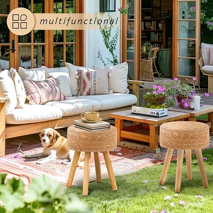 Handwoven Outdoor Ottoman, Water Hyacinth Pouf Round Patio Footstool with Wood Legs, 17-Inch Multipurpose Vanity Stool, Dining Chair, Patio Footrest for Balcony and Garden, Natural-Ruum Studio Home