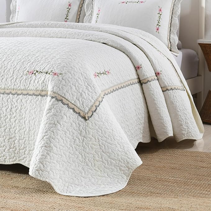 MarCielo 3-Piece 100% Cotton Oversized Bedspread Lightweight Quilt Coverlet Embroidery Farmhouse Bedding Set (Sakura White, Oversized Queen (100"x106"))-Ruum Studio Home