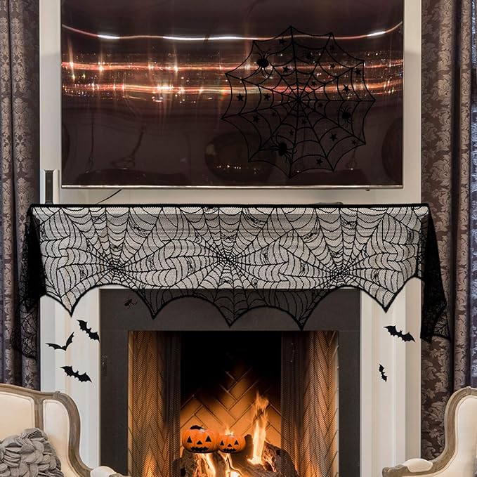 ZeeDix 39 Pcs Halloween Decorations Kit Black Lace Spiderweb Round Tablecloth Table Runner, Giant Spider Cobweb Fireplace Scarf with 36PCS Scary 3D Bats Wall Stickers for Halloween Party Decor-Ruum Studio Home
