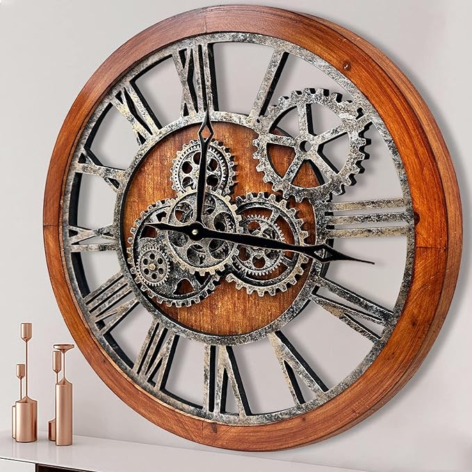 The B-Style Large Wall Clock 24 inch Moving Gear Wall Clock Oversized Vintage Farmhouse Wall Clocks for Living Room Decor Rustic Industrial Wood Clock (Brown and Bronze)-Ruum Studio Home