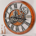 The B-Style Large Wall Clock 24 inch Moving Gear Wall Clock Oversized Vintage Farmhouse Wall Clocks for Living Room Decor Rustic Industrial Wood Clock (Brown and Bronze)-Ruum Studio Home