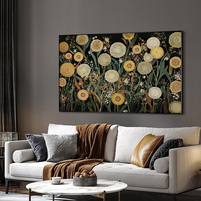 SIGNWIN 30"x60" Extra Large Framed Wall Art Whimsical Dandelion Field in Yellow and Green, Playful Botanical Print for Home Living Room Bedroom Decor (Frame Assembly Required)-Ruum Studio Home