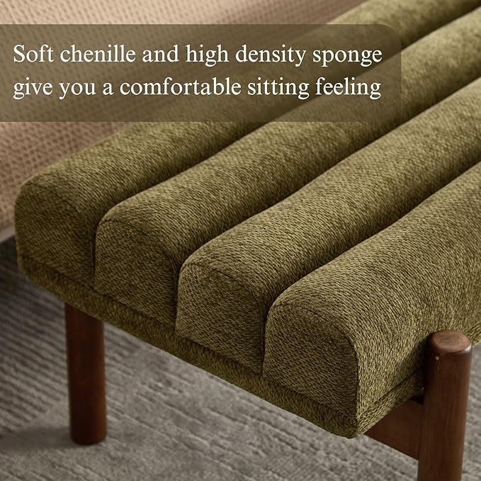 Green Upholstered Bench Modern End of Bed Bench Chenille Fabric Bedroom Bench for Entryway Living Room Vanity Makeup Room, 47" Long, Wooden Legs-Ruum Studio Home