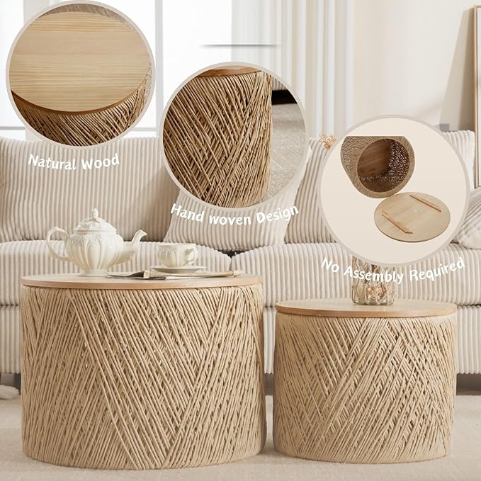 Nesting Coffee Table Set of 2, Natural Round Wooden Coffee Tables Rustic Woven Circle Side/Sofa Table for Small Space Living Room Bedroom Apartment No Assembly Required-Ruum Studio Home