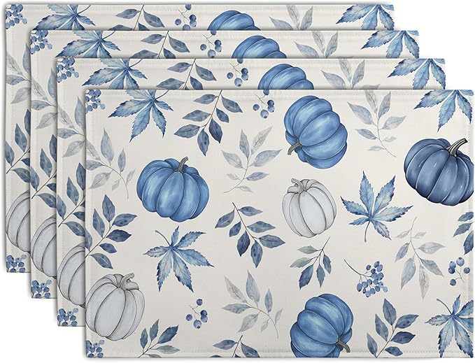Blue Pumpkin Maple Leaves Fall Placemats Set of 4 Autumn Thanksgiving Harvest Linen Place Mat Non Slip Heat Resistant Washable Table Mats for Party Kitchen Dining Decoration-Ruum Studio Home