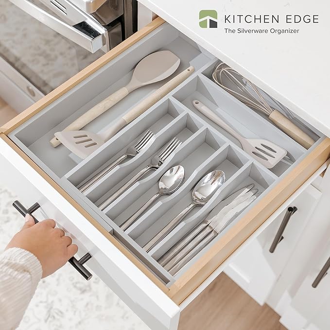 Premium Silverware, Flatware and Utensil Organizer for Kitchen Drawers, Food-Safe Contract Grade, Expandable from 10.5 to 19 In, Gray Bamboo-Ruum Studio Home