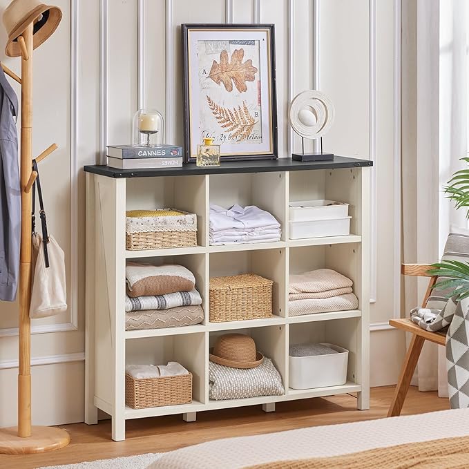 9 Cube Bookcase, Farmhouse 47 Inch Wide White Bookshelf, Wooden 3 Tier Display Large Open Book Shelf, Vintage Horizontal Book Case for Home Office, Cubby Storage Cabinet for Living Room-Ruum Studio Home
