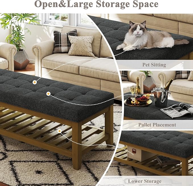 Large Rectangular Upholstered Ottoman Bench, Linen Tufted Footrest Ottoman with Solid Wood Shelf Storage Coffee Table for Bedroom Living Room, Dark Gary-Ruum Studio Home