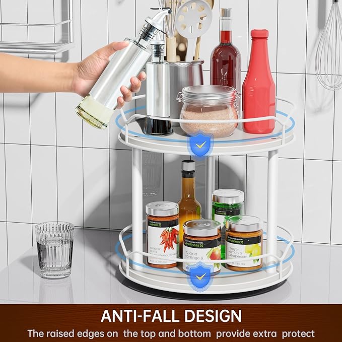 Lazy Susan Organizer 2 Tier - 9.2" Turntable Spice Rack for Table Top, Wooden Rotating Lazy Susan for Cabinet Pantry Kitchen Countertop Dining Table Cupboard Bathroom Vanity Storage(White)-Ruum Studio Home