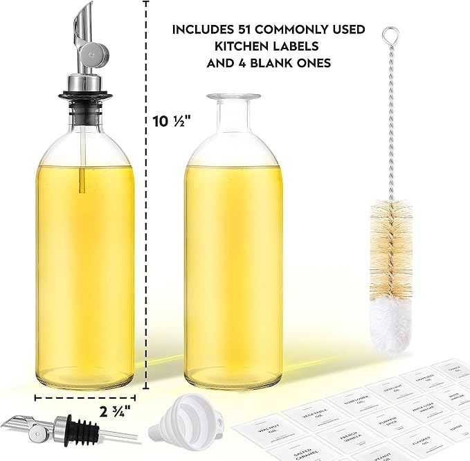 Olive Oil Dispenser Bottle - Includes 55 Kitchen Essential Labels - Cooking Oil Bottles for Kitchen, Coffee Syrup Dispenser - Pourer Spout with 16.9 fl oz Glass Container Cruet - 2pcs Silver-Ruum Studio Home